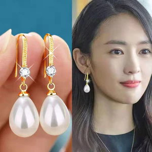 Mặt dây chuyền và bông tai ngọc trai hình bầu dục, thiết kế thời trang dành cho nữ