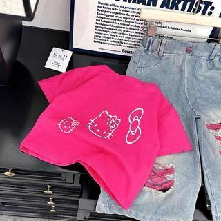 S339-[tomnaukids] Set áo thun Hồng phối quần jean suông rách cho bé gái size từ 8-38Kg