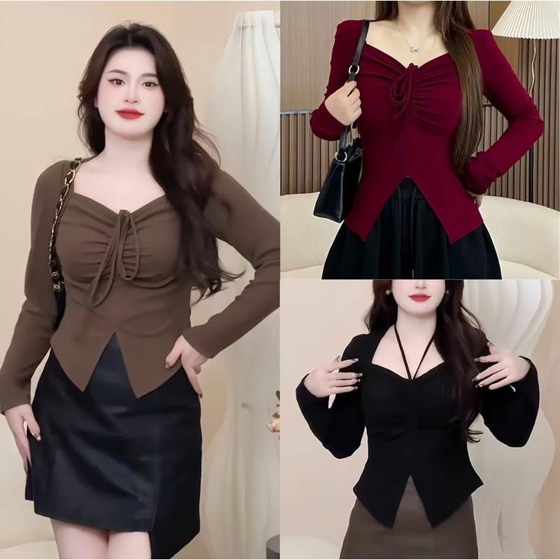 Áo Thun Tay Dài Nữ Big Size Cổ V Rút Dây ESHOP Áo Nữ Chất Thun Tăm Mềm Mịn Co Giãn MS304 TD