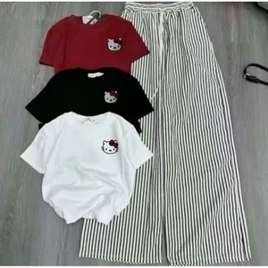 Sét bộ quần ngựa vằn dáng dài + phối áo croptop trơn tăm ngắn- in mèo kít ty ở nggực