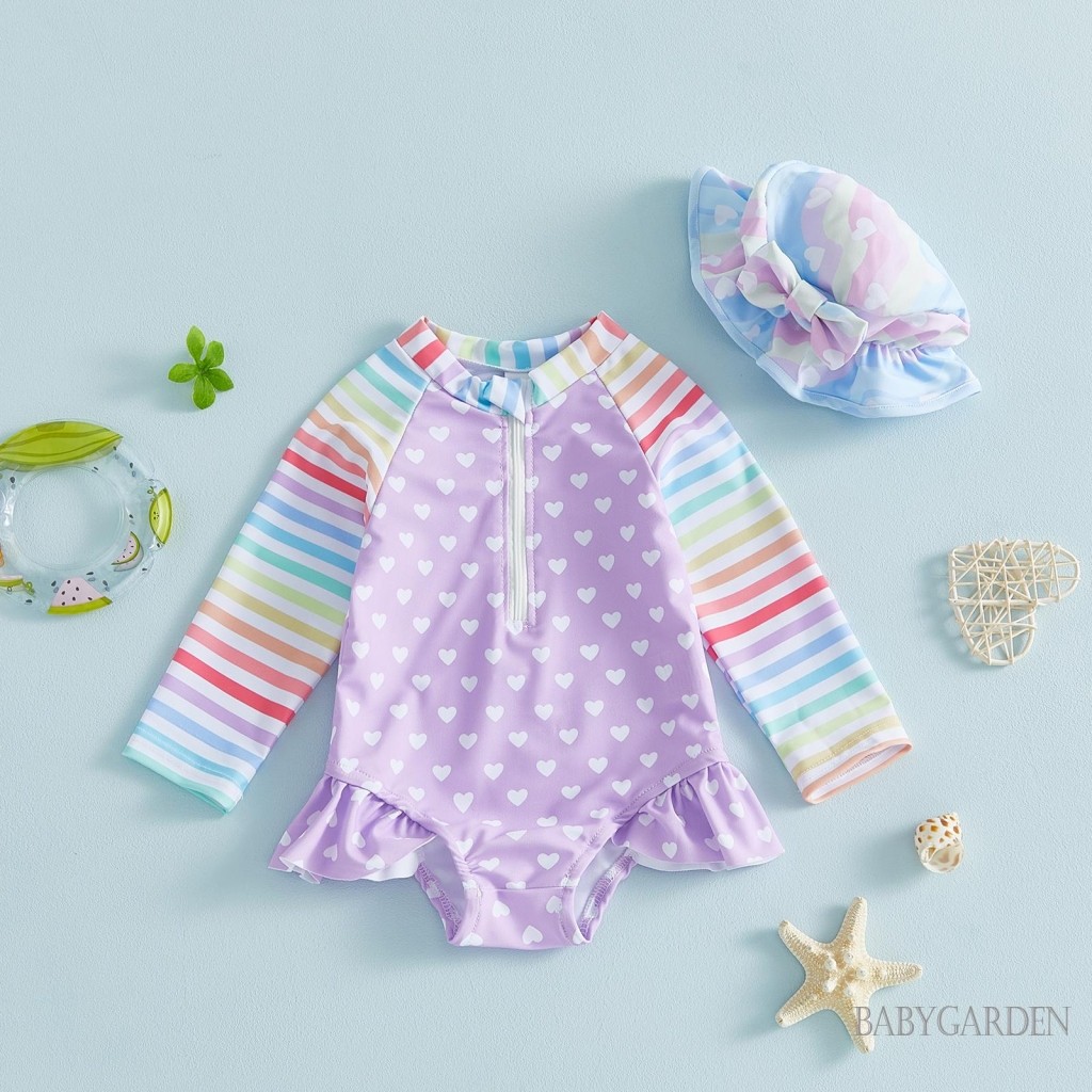 Bộ đồ bơi hai mảnh cho bé gái 6M-4Y Bộ đồ bơi hai mảnh in hình trái tim đáng yêu Cổ tròn Bảo vệ phát ban Bộ đồ tắm có mũ cho bãi biển bể bơi