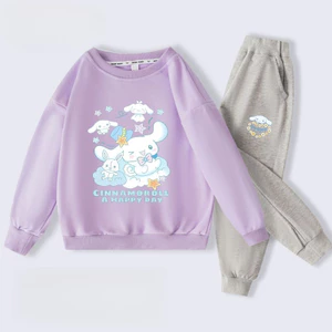 Kuromi Kids Áo Hoodie và quần thường ngày Bộ hai mảnh phong cách hoạt hình cho bé gái Trang phục hàng ngày cho trường học