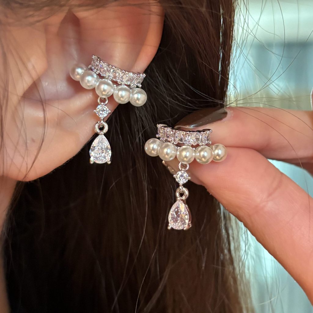 Mặt dây chuyền zircon và kẹp tai ngọc trai dành cho nữ, thiết kế không xuyên thấu