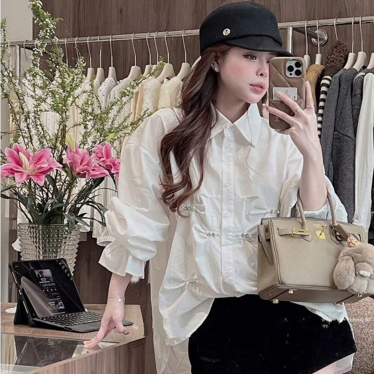 Áo Sơ Mi Chiết Eo Đính Đá KCloset Áo Trắng Nữ Phong Cách Tiểu Thư Sang Chảnh NA84
