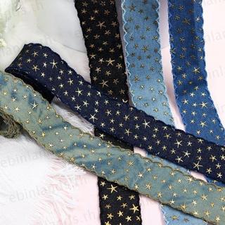 EBINLANDS 1 yard 38MM Ruy băng vải denim, Ruy băng ngôi sao vàng rộng 38MM, DIY Ngôi sao vàng đóng dấu họa tiết ruy băng đóng dấu Quần áo may
