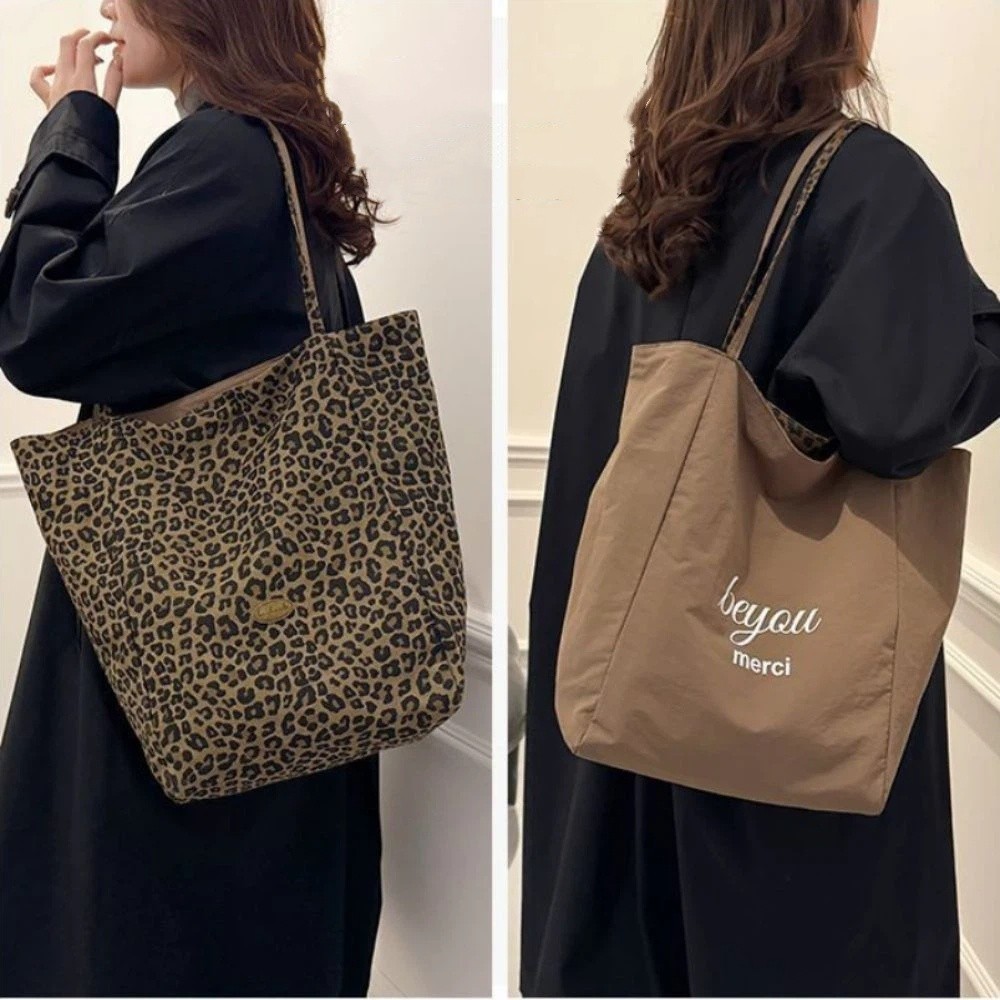 HOBBYIN Túi vải HOBBYIN, Túi in da báo dung tích lớn đa năng, Túi Tote bền hai mặt thời trang Sử dụng hàng ngày