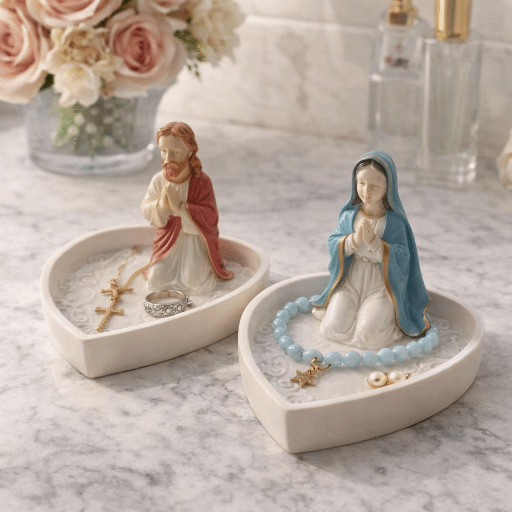 DELMER Virgin Mary Đế trang sức, Nhựa quyến rũ vượt thời gian Đức Trinh Nữ Maria Mân Côi Giá đỡ, Đồ trang trí để bàn Trang trí Khay lưu trữ thanh lịch Phòng ngủ