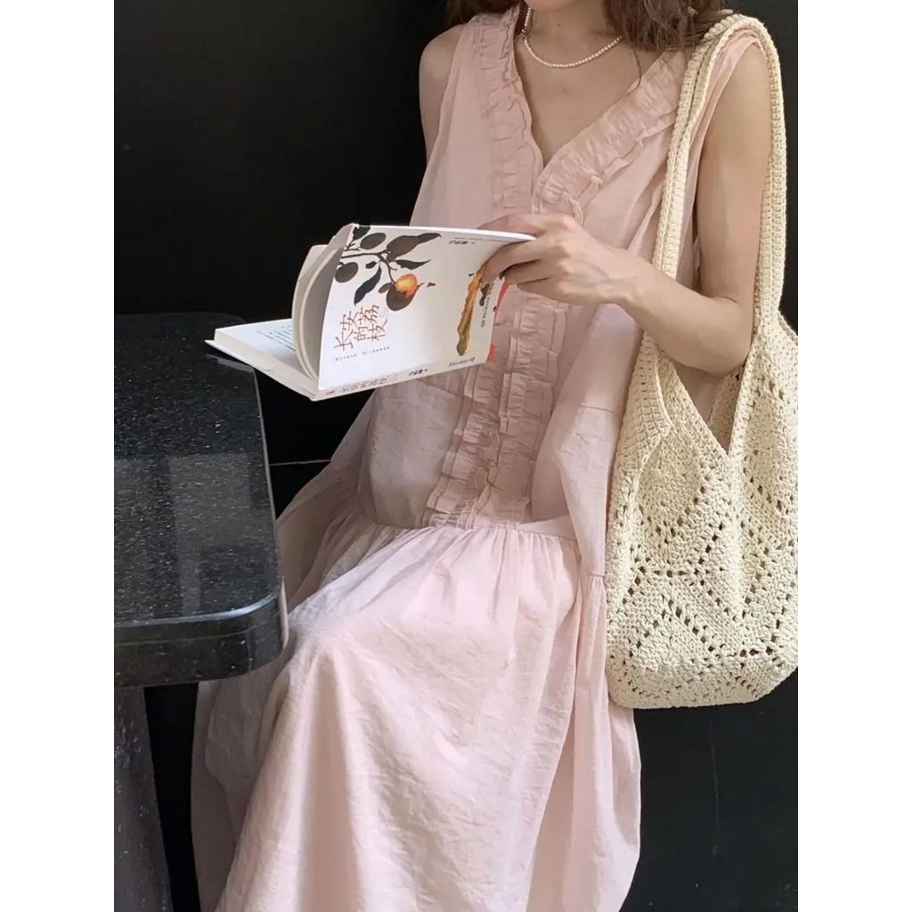 Ren Lá Sen Phong Cách Pháp Dáng Rộng - Váy Chữ A Dài, Cao Cấp