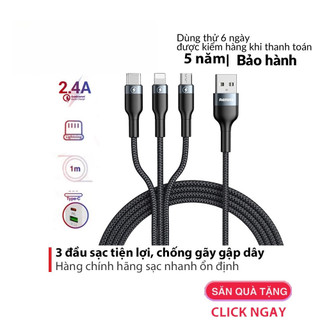 Cáp sạc nhanh đa năng 3 đầu cao cấp Remax RC 199th bọc dù chống đứt, hỗ trợ truyền dữ liệu dài 1,2M
