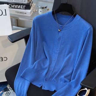Klein Xanh Sang Trọng Cổ Tròn Dệt Kim Cardigan Nữ Xuân Thu Retro Cao Cấp Áo Len Ngắn Đáy Top C