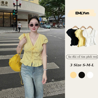 Áo Sơ Mi Đũi Cổ Tim Phối Ren Có Nơ Dáng Babydoll, Áo Sơ Mi Nữ Kiểu Xinh Style Hàn Quốc