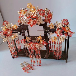 Cao Cấp Vương Miện Phượng Hoàng Glaze Hoa Đỏ - Phụ Kiện Tóc Cưới Retro