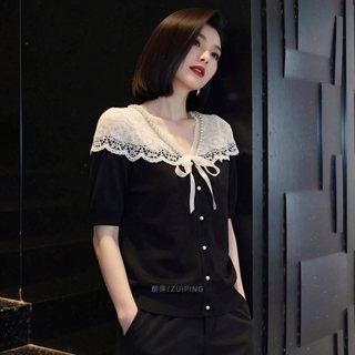 Áo Len Cổ Chữ V Tay Ngắn Nữ Nơ Ren Khâu Đen Mùa Hè Mỏng Áo Chui Đầu