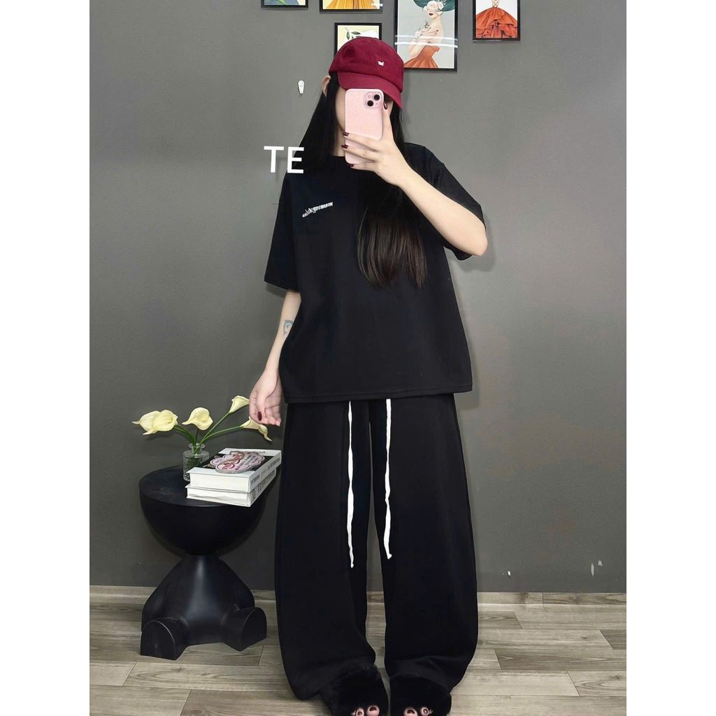 sét bộ quần da cá dáng dài dây to + phối áo phông form rộng tay lỡ unisex chữ OFFICAL HALLOWWEN