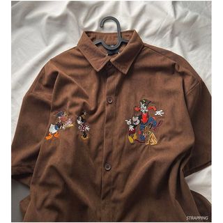 Áo sơ mi tay ngắn thiết kế hoạt hình Mickey & Donald vịt thêu dây, phong cách retro từ Nhật Bản