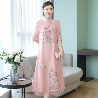 Váy sườn xám cải tiến, phong cách mùa hè mới dành cho phụ nữ, váy dài thêu, phong cách truyền thống Trung Quốc