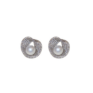 Bông tai ngọc trai tròn màu bạc với đá zircon, phong cách châu Âu và Hàn Quốc