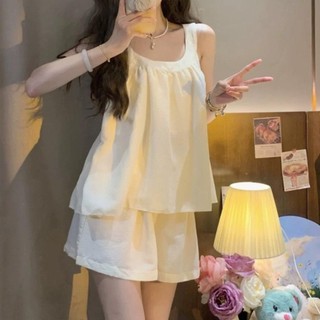 Hàng mới về: Bộ đồ ngủ cotton mát mẻ cho Nữ, bộ áo hai dây và quần short màu trơn dành cho nữ, có thể mặc ra ngoài