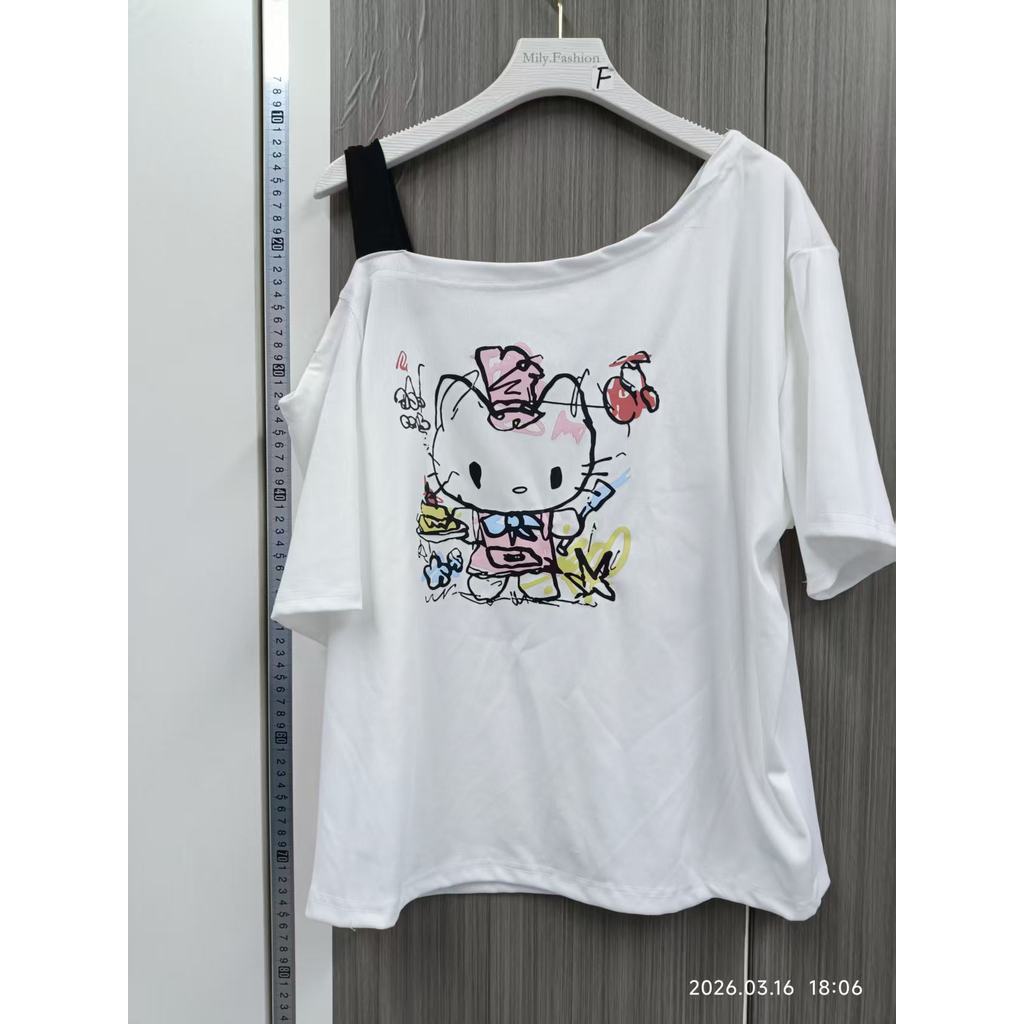 Milyfashion Fun kitty In Hình Slanted Vai Áo Thun Tay Ngắn Mùa Hè Phong Cách Mới Rời Tinh Khiết Desire Top Quần Áo Nữ