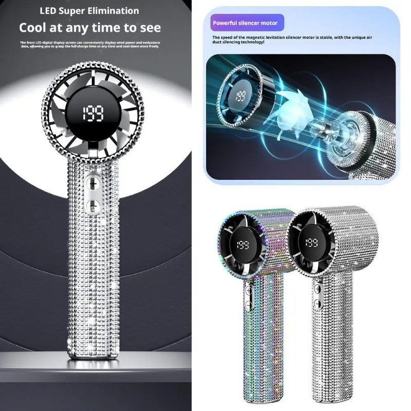 1 Chiếc Kim Cương Sang Trọng Cầm Tay Mini Quạt 199-Gears Có Thể Điều Chỉnh Di Động Cầm Tay Turbo Quạt Hiển Thị Kỹ Thuật Số Ngoài Trời Quạt Điện