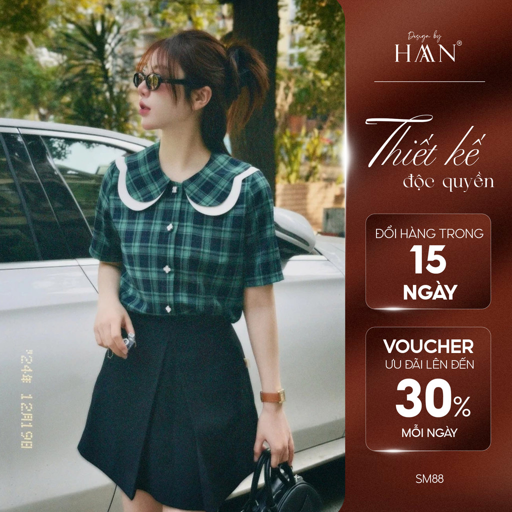 [SM88] Áo Sơ Mi Nữ Kẻ Caro Xanh Cổ Lá Xinh Xắn Dáng Suông Trẻ Trung Thanh Lịch, Sơ Mi Nữ Công Sở