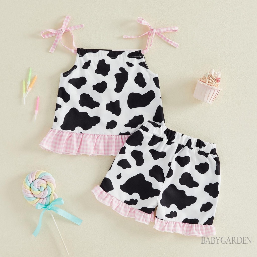 Bộ quần áo sinh nhật 1-5 tuổi cho bé gái | Bộ áo in hình bò phương Tây không tay và quần short lưng co giãn Quà tặng