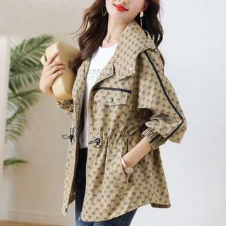 Áo khoác trench coat có mũ trùm đầu thanh lịch, kiểu dáng mới, rộng rãi, ôm eo, in họa tiết thời trang