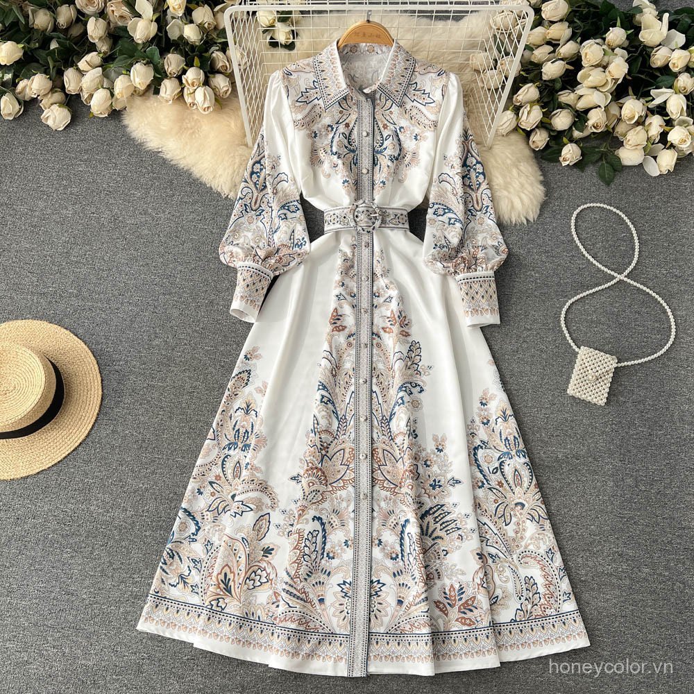 Đầm dài tay áo lồng phong cách cung đình cổ bẻ in họa tiết thắt lưng cinching phù hợp mùa xuân  hạ