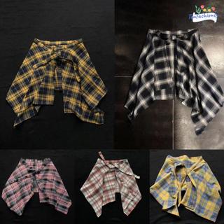 Váy ngắn chữ A kẻ sọc lưới xanh trắng, áo sơ mi eo có nơ co giãn, phù hợp dạo phố