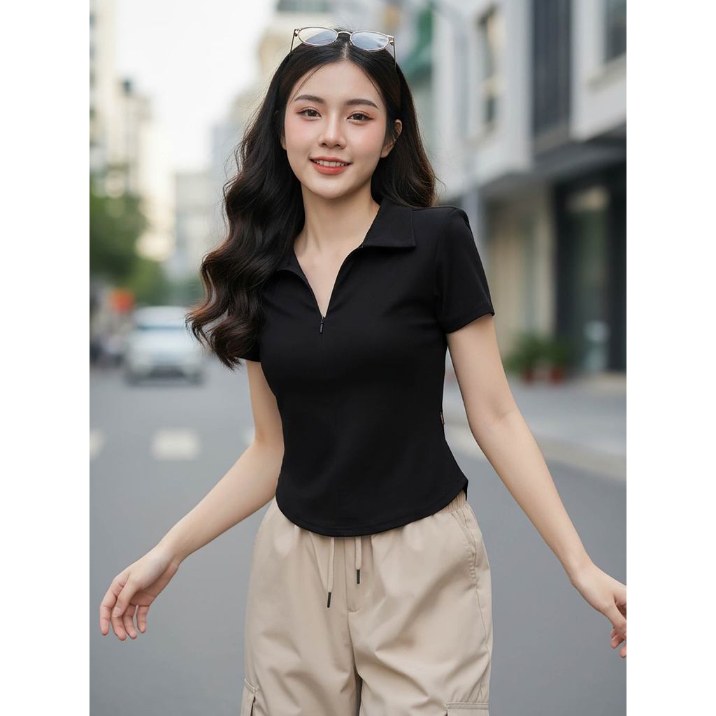 Áo thun nữ CARDINA chất cotton Zip tay cộc cổ Đức khóa lệ basic dễ mặc 6APC06