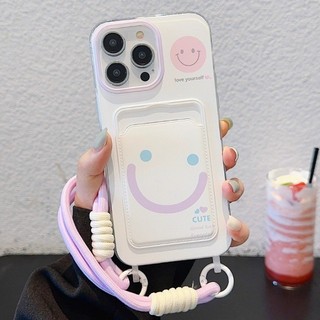 Ốp lưng iPhone 17 16 15 14 13 12 11 Pro Max X XR Max 7 8 Plus Màu tím Smiley Lanyard trường hợp điện thoại