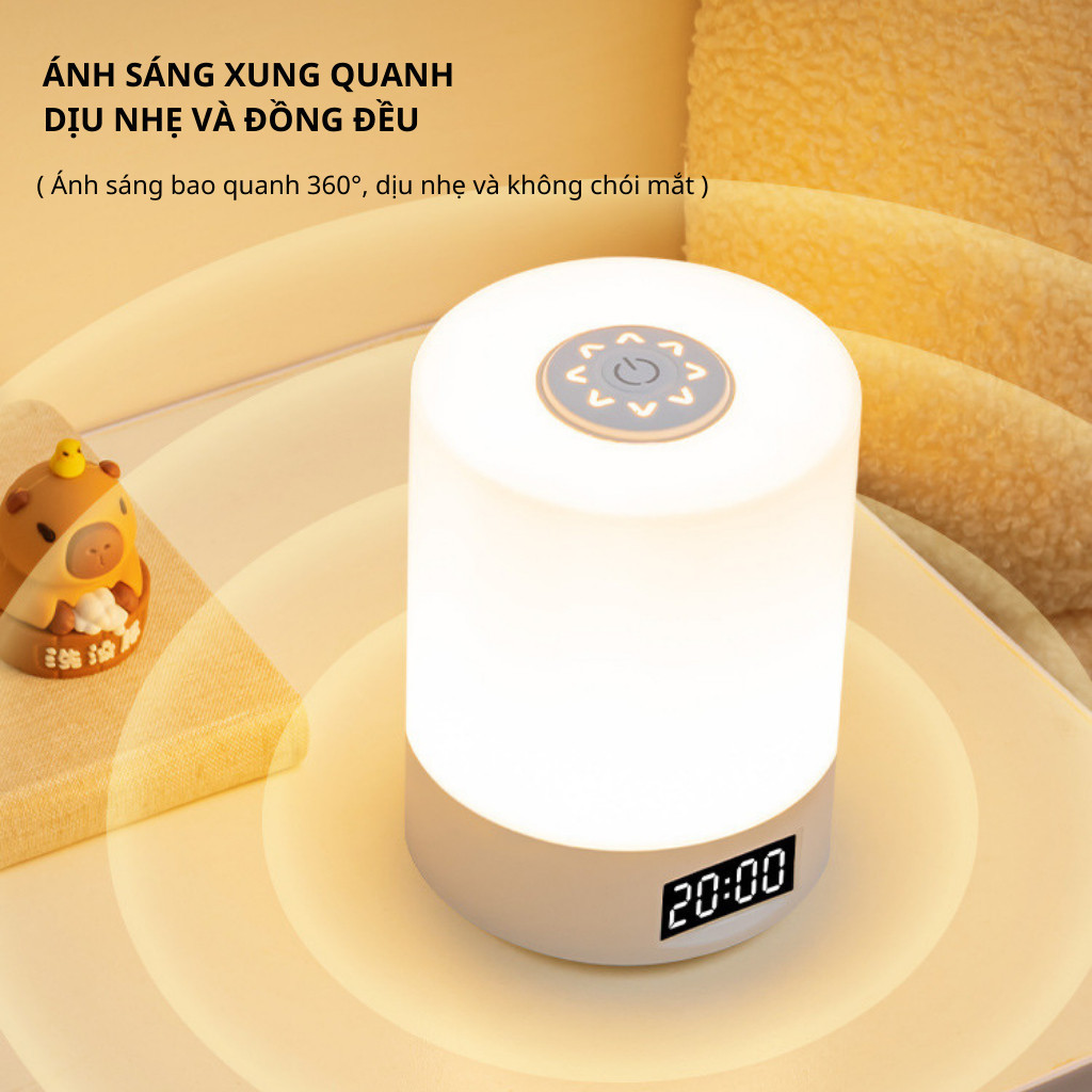 Đèn ngủ để bàn tích điện cảm ứng đa năng 3 màu ánh sáng, đèn ngủ led tích hợp đồng hồ trang trí phòng ngủ