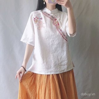 Hanfu Top Qipao nữ phong cách dân tộc retro, thêu tay, chất liệu cotton và lanh, màu sắc đơn giản, cổ khóa - phù hợp mùa hè