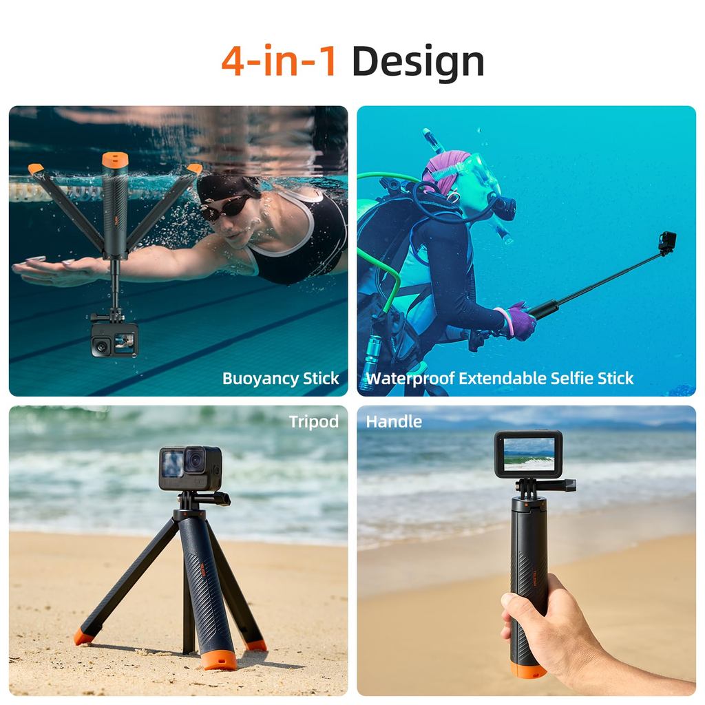 Chân máy Selfie nổi 4 trong 1 – Tay cầm & Monopod có thể mở rộng chống nước cho GoPro Hero 13 – 8, DJI Osmo Action 6 / 5 Pro / 4 / 3, Insta360 Ace Pro 2