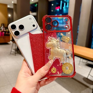 Có Tiền 3D Vàng Ngựa Bảo Vệ Ống Kính Phim Lấp Lánh Mạ Điện Thoại Cho iPhone 17Promax 17Pro 12 13 14 15 16 Pro Max 11 Silicon Mềm Wrsit Chain Vỏ Di Động