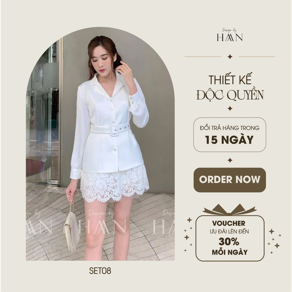 Set áo chân váy công sở nữ HAAN DESIGN kèm đai, chân váy phối ren lót quần chất liệu lụa mềm mại 2 màu đen trắng(SET08)