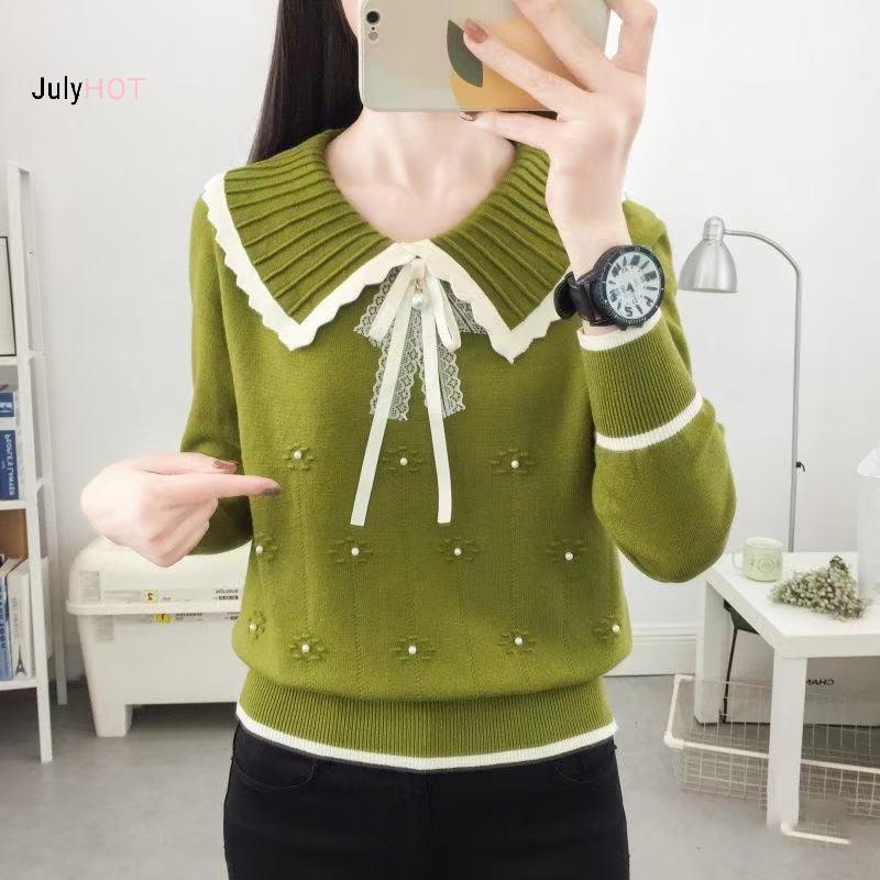 Áo len Hàn Quốc dành cho nữ với nơ ngọt ngào cổ búp bê và đính hạt