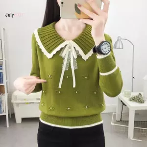 Áo len Hàn Quốc dành cho nữ với nơ ngọt ngào cổ búp bê và đính hạt