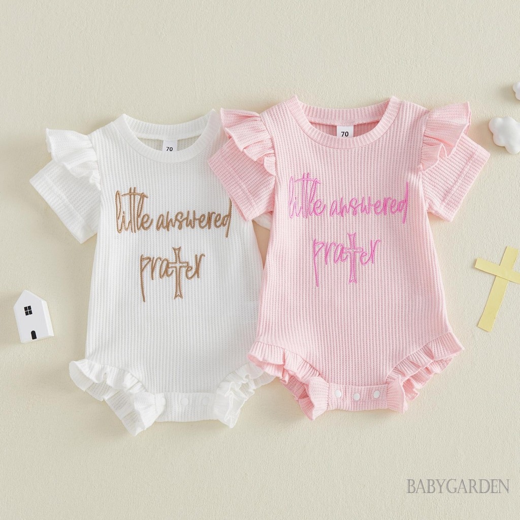 Bé Gái Phục Sinh Áo Liền Quần Chữ Thêu Xù Viền Tay Ngắn Cổ Tròn Sơ Sinh Jumpsuit