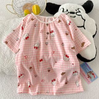 Bộ đồ ngủ cotton mây cho bé gái – Áo cổ tròn tay ngắn + quần short, họa tiết Hello Kitty dễ thương