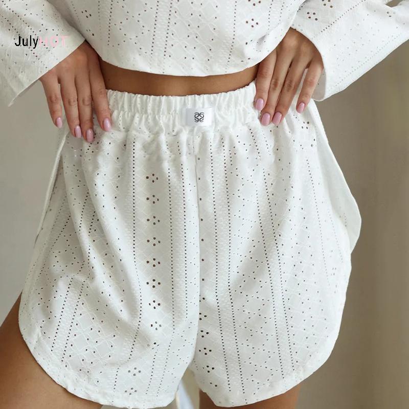 Bộ đồ ngủ rỗng JULYHOT dành cho nữ Bộ đồ ngủ dài tay dáng rộng Top Chia lưng thun Quần ngắn Bộ đồ lót