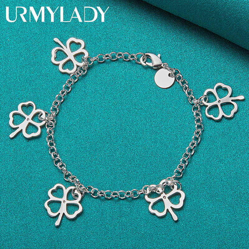 URMYLADY - Mặt dây chuyền và vòng tay bạc 925 bốn lá cỏ ba lá, thời trang thanh lịch cho nữ