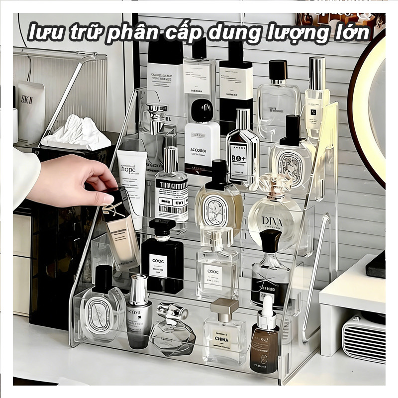 Kệ đựng mỹ phẩm nhiều tầng acrylic trong suốt thang phân cấp đựng nước hoa son môi để bàn trang điểm decor