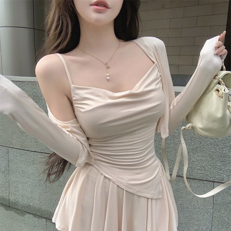 Phong Cách Hàn Quốc Thu Đông Phong Cách Mới Sang Trọng Phù Hợp Với Nữ Chống Nắng Cardigan Áo Liền Quần Váy Xếp Ly Ba Mảnh Phù Hợp Với
