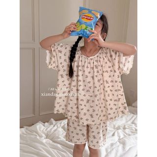 Bộ đồ ngủ hoa nhí cho bé gái – Set áo tay ngắn + quần short mỏng nhẹ, đồ mặc nhà mùa hè cho bé