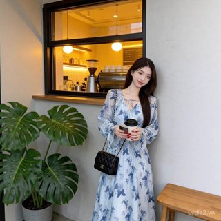 Đầm xanh cổ chữ V phong cách Hàn Quốc, thiết kế tay lá sen ngọt ngào - Size lớn sẵn hàng