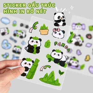 Sticker mini gấu trúc 10 miếng trong suốt, hình dán cute trang trí laptop sổ tay bút và đồ dùng học tập