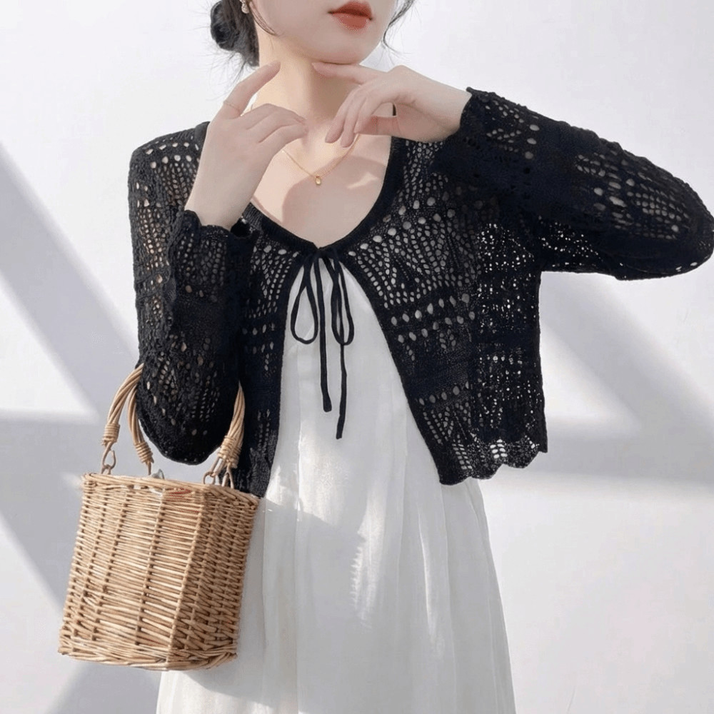 Áo chống nắng HOBBYIN, Áo len dệt kim dài tay rỗng, Áo khoác ngoài cổ chữ V mỏng thông thường mùa hè