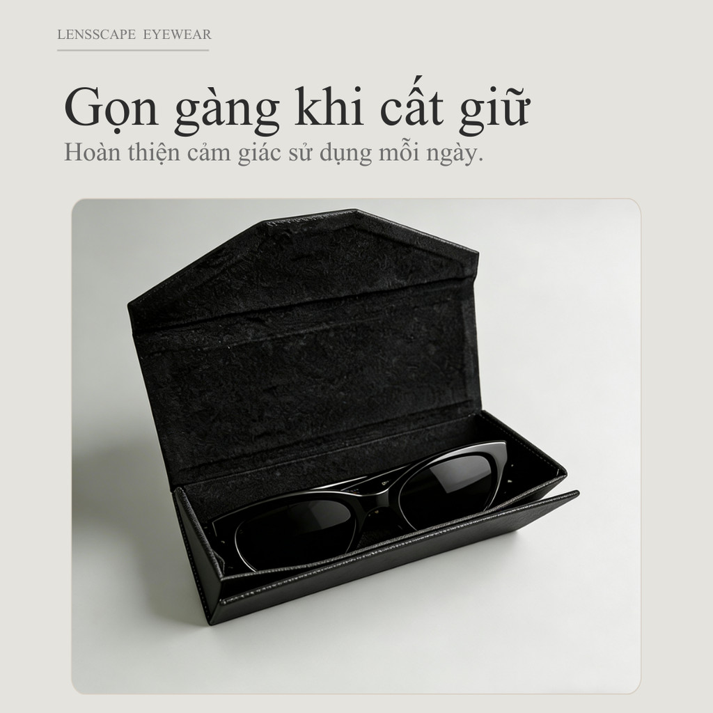 LENSSCAPE-Combo hộp kính gập + khăn lau kính + túi đựng kính – hộp đựng kính gọn nhẹ, cứng cáp, chống va đập, có móc carabiner treo ba lô