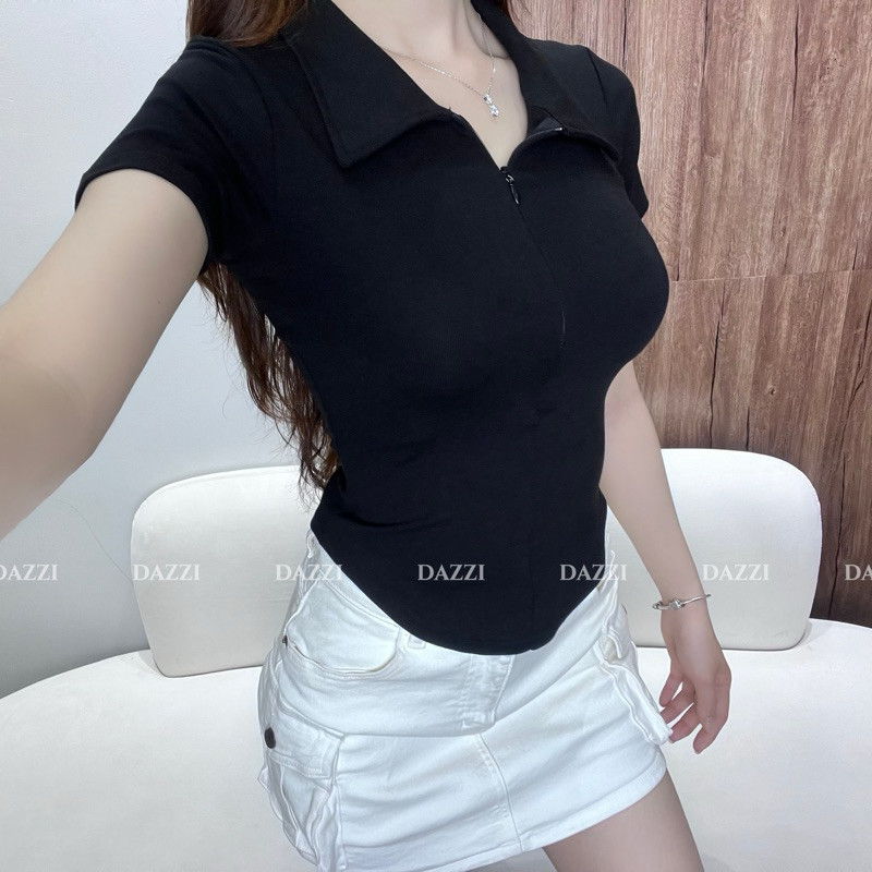Áo thun nữ cổ bẻ phối dây kéo , áo polo nữ ôm dáng vải cotton nhuyễn MA1079